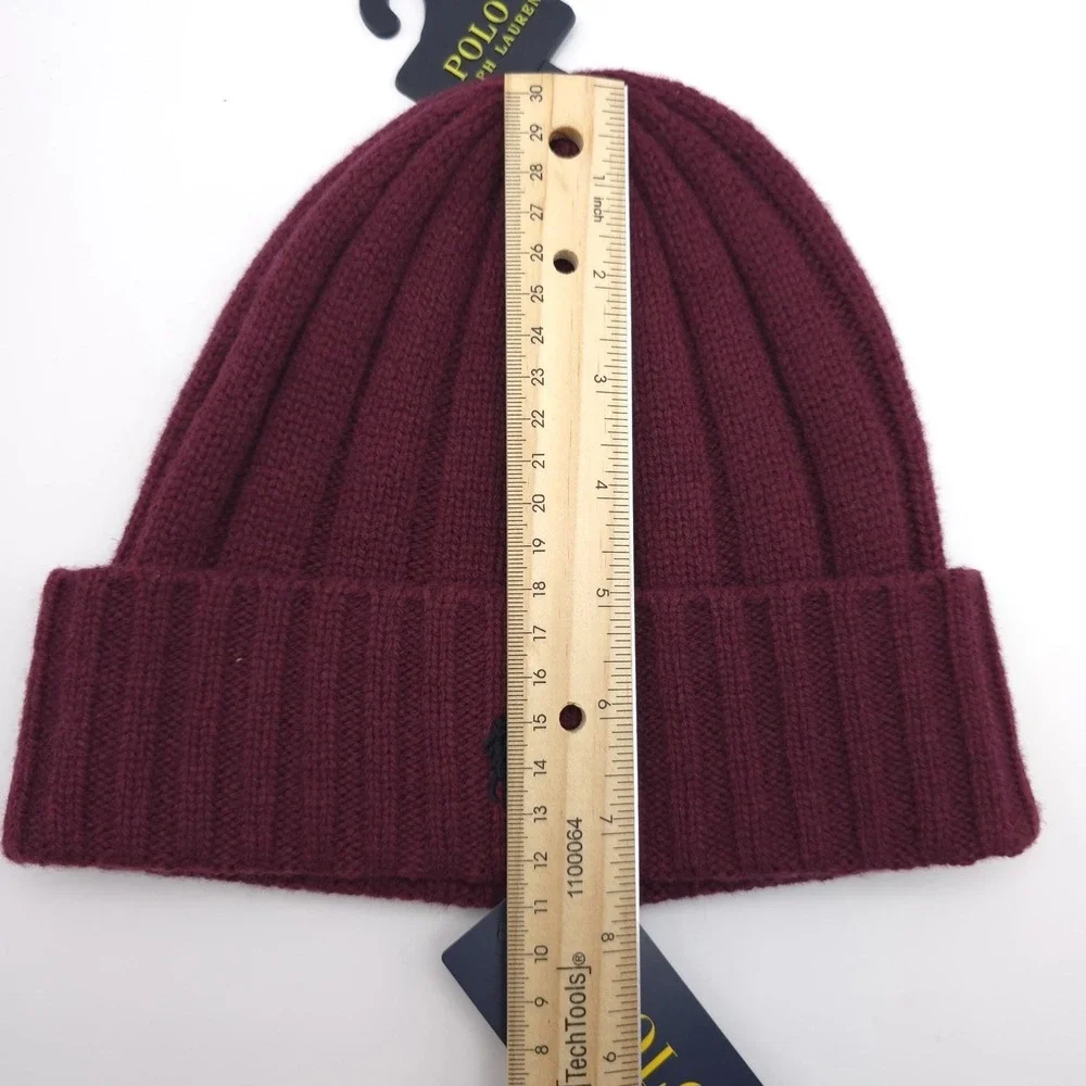 POLO RALPH LAUREN New Burgundy/‎ Wine Rib Knit Wool Blend Beanie Hat One Size